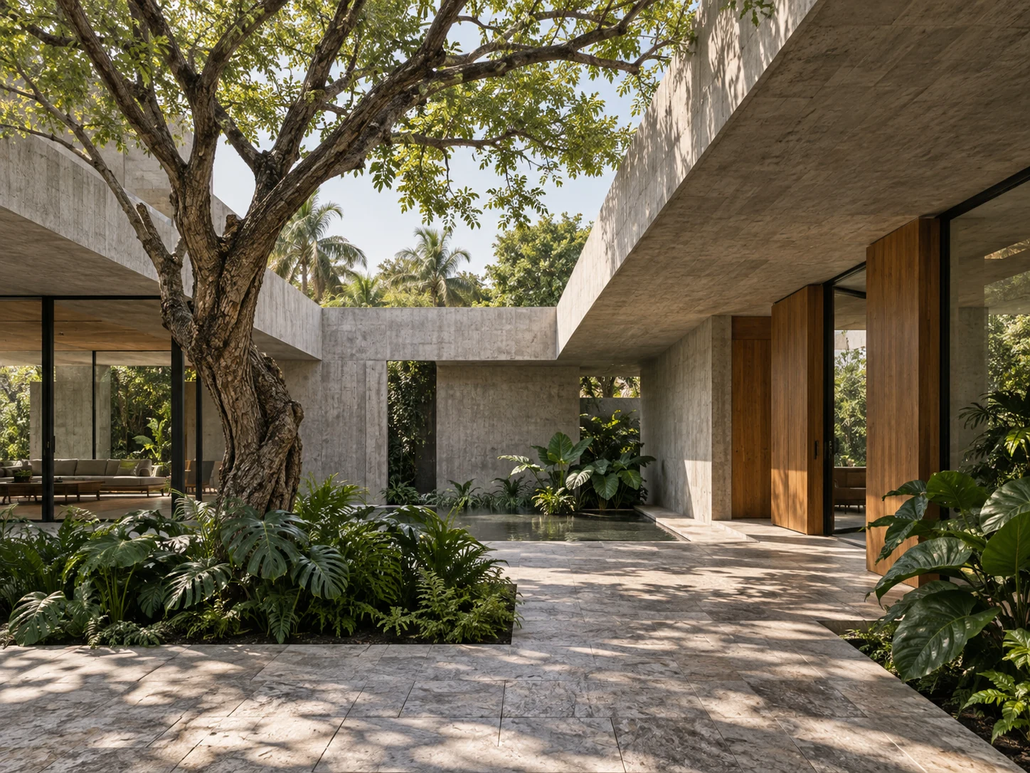 Casa Patio, concepto de patio de hormigón rodeado de vegetación