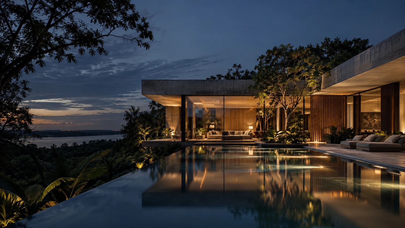 Concepto de una residencia contemporánea de hormigón y madera, abierta a una piscina y al paisaje