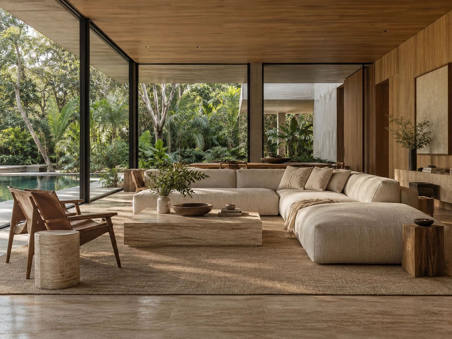 Interior Esencial, concepto de sala cálida de madera y piedra con vista al jardín